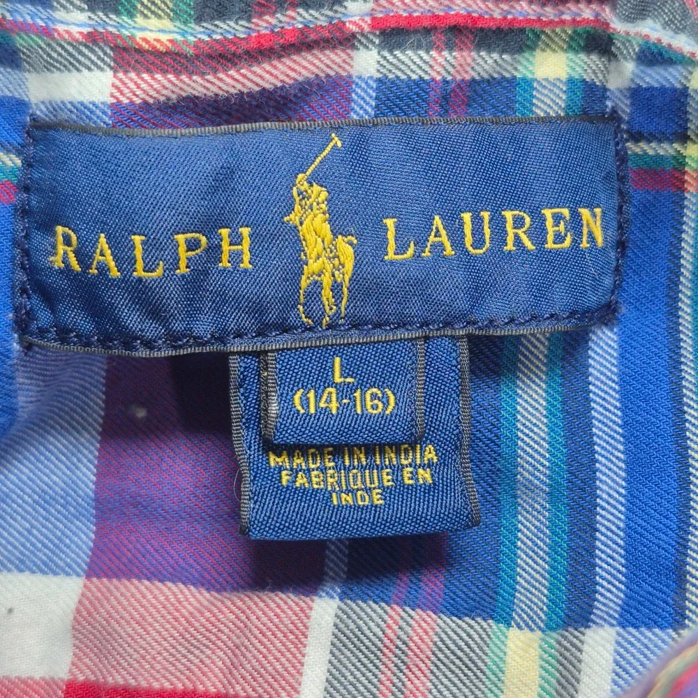 Ralph Lauren Shirt Boys L (14-16) Blue Red Plaid Long Sleeve Button Down Cotton
